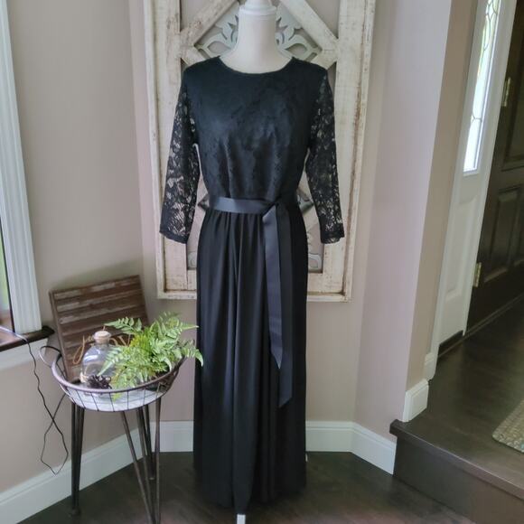Ellen Weaver Women's Lace Top Overlay Ribbon Belt Maxi Dress in Black - Picture 2 of 14